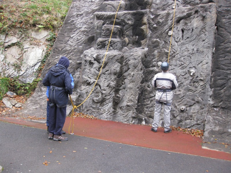 Spud helping James and Paul waiting to help on the wall climbing