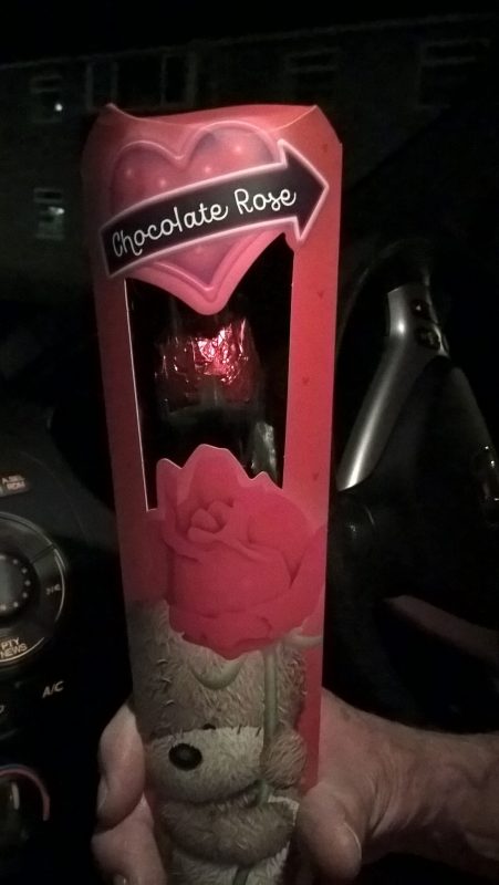 A Valentines Day chocolate rose from John and Julie. All the ladies were given one and the men had lollypops!!