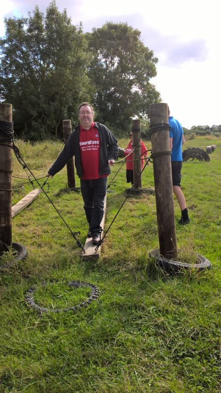 DANIEL TRYING OUT SOME OF THE CHALLENGES ON THE ASSAULT COURSE AT HEWISH. ENERGEYES ARE PLANNING TO BOOK THIS EVENT NEXT YEAR.