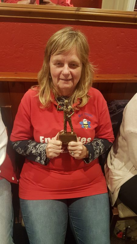 JULIE WITH HER DARTS TROPHY