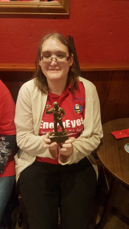 KIMBY WITH HER TROPHY FROM DARTS 3RD OCTOBER 2018