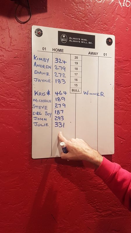 SCORE BOARD, CHRIS'S HIGHEST SCORE &amp; JULIE'S HIGHEST LADIES SCORE. THE FINGER BELONGS TO SPUD!!