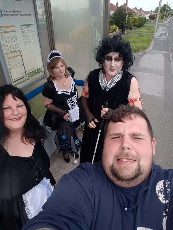 MICHELLE, JULIE, JOHN AND STEVE WAITING FOR THE BUS TO BRISTOL