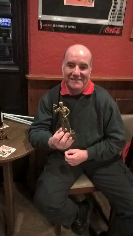 STEVE HOLDING OUR DARTS  TROPHY, TOP MALE WINNER. THIS IS THE FIRST TIME STEVE HAS BEEN THE HIGHEST MALE SCORER AT DARTS, WELL DONE STEVE. VERY PROUD OF YOU.